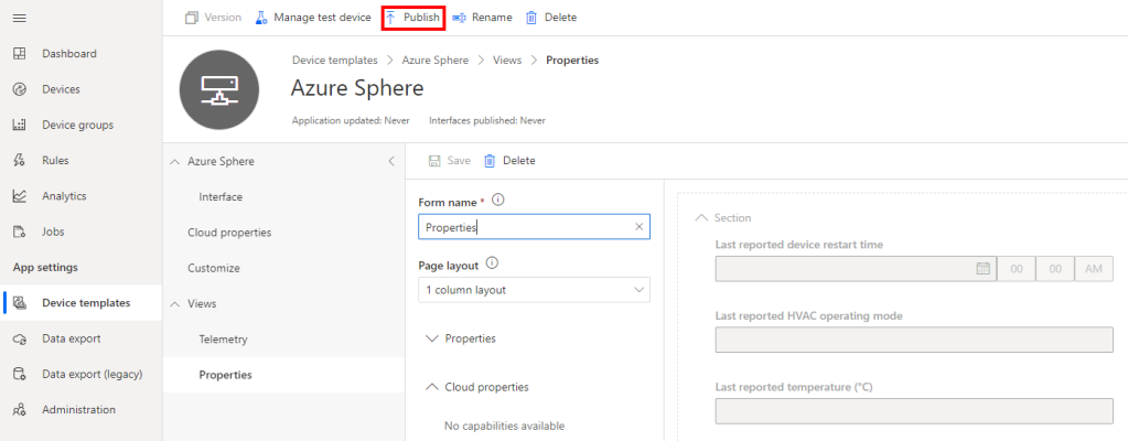 The illustration shows how to publish a device template.