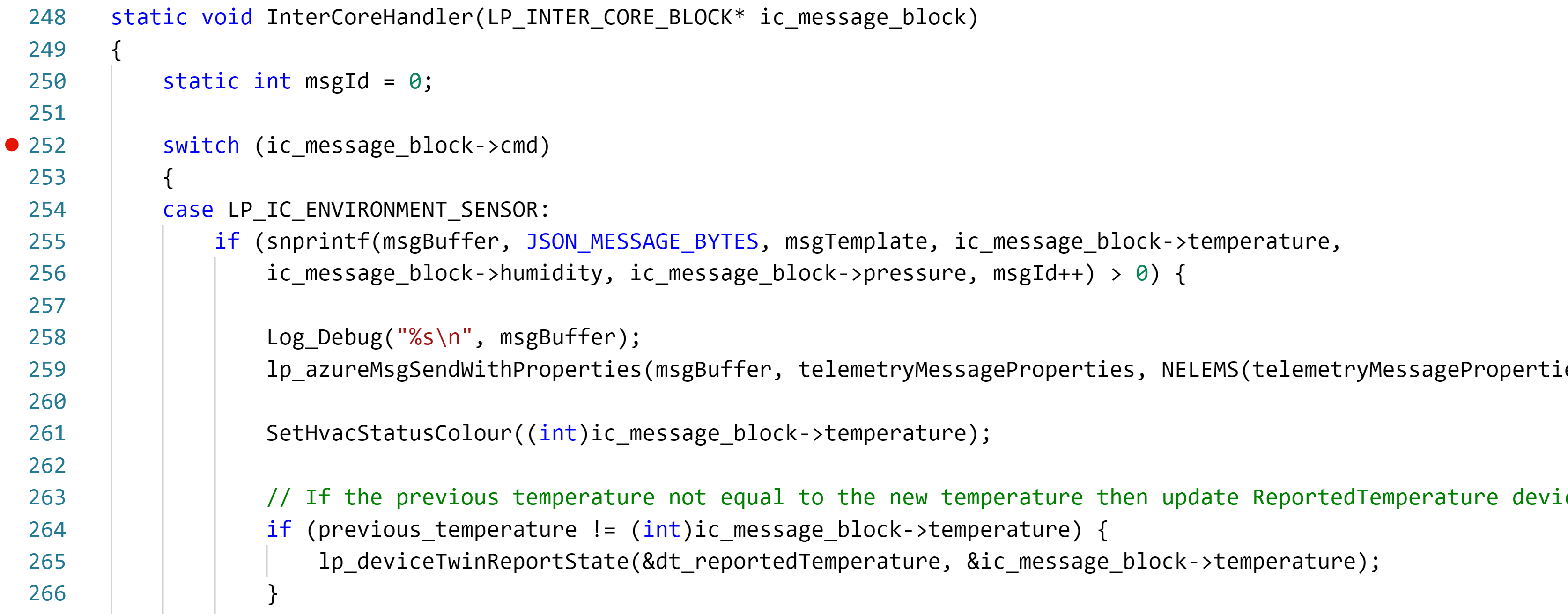 The illustration shows how to set a breakpoint in the InterCoreHandler callback function.