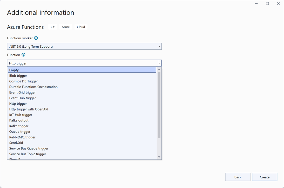 Screenshot showing the Azure Function triggers available, with HTTP Trigger highlighted.