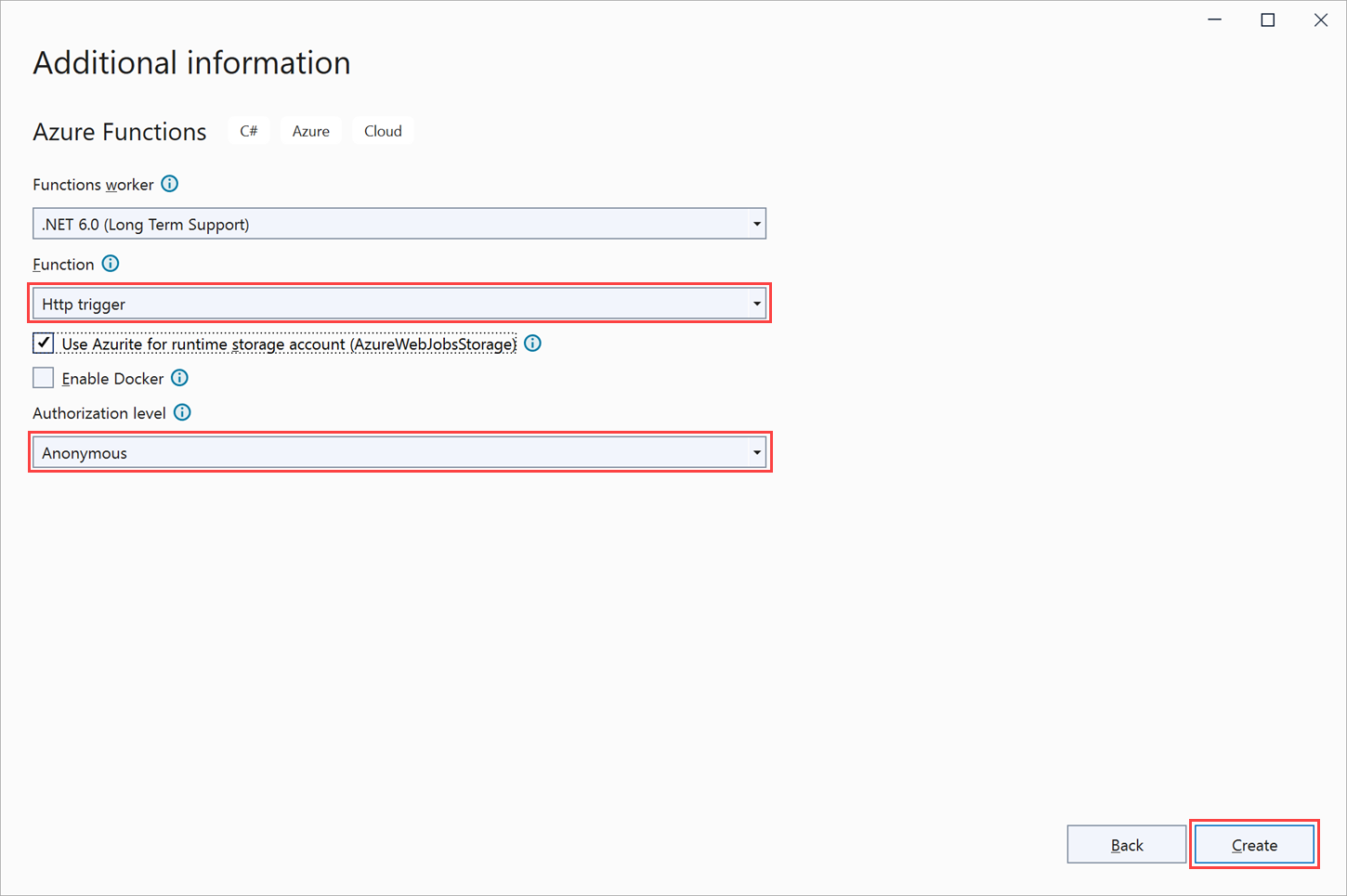 Screenshot showing Azure Functions triggers, with HTTP Trigger highlighted.