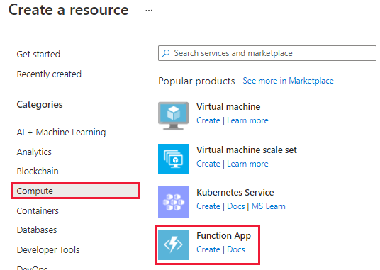 Screenshot of Compute category and Function App service option.