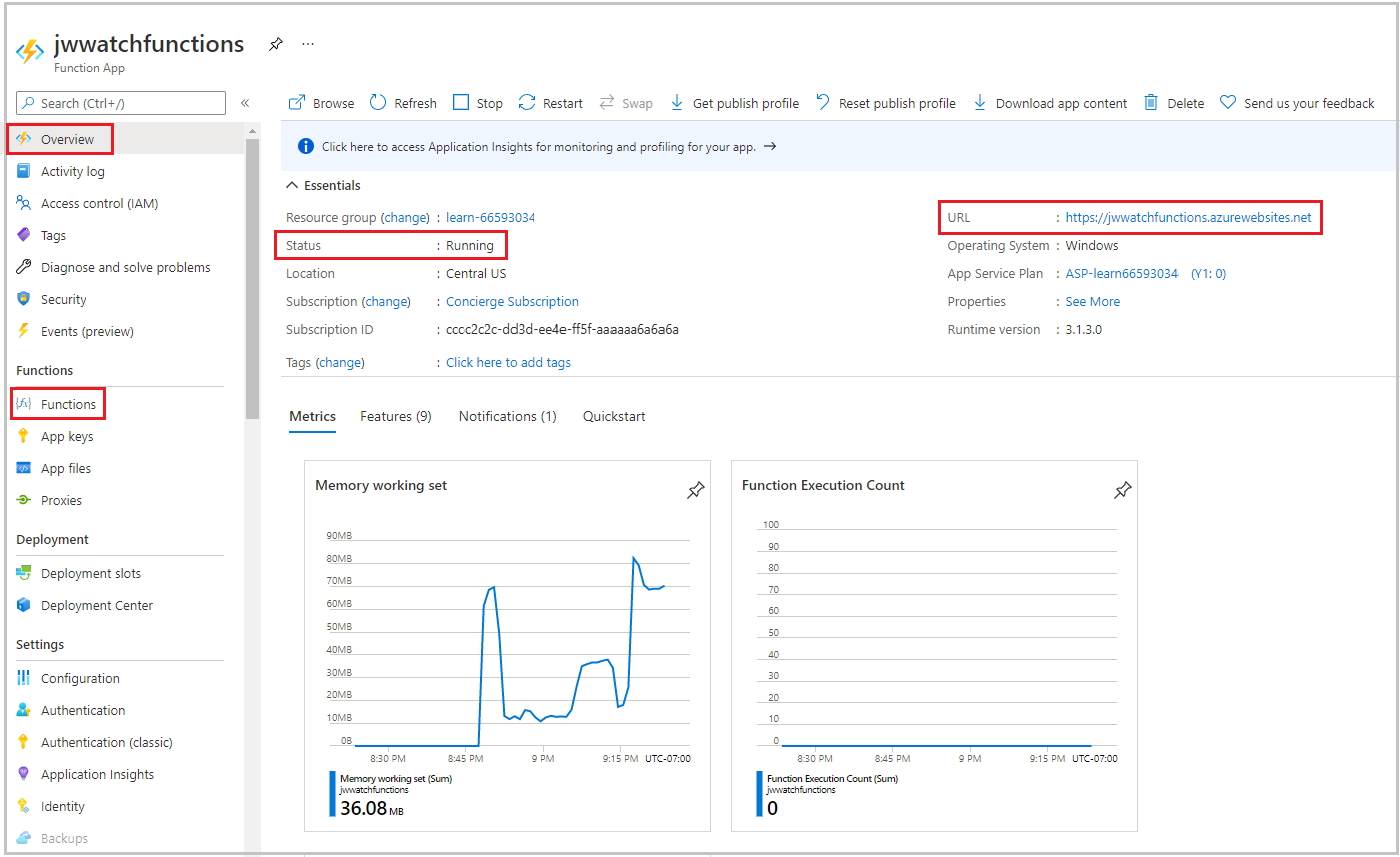 Screenshot of the Azure portal Function App pane showing the 'Function1' and 'WatchInfo' functions.