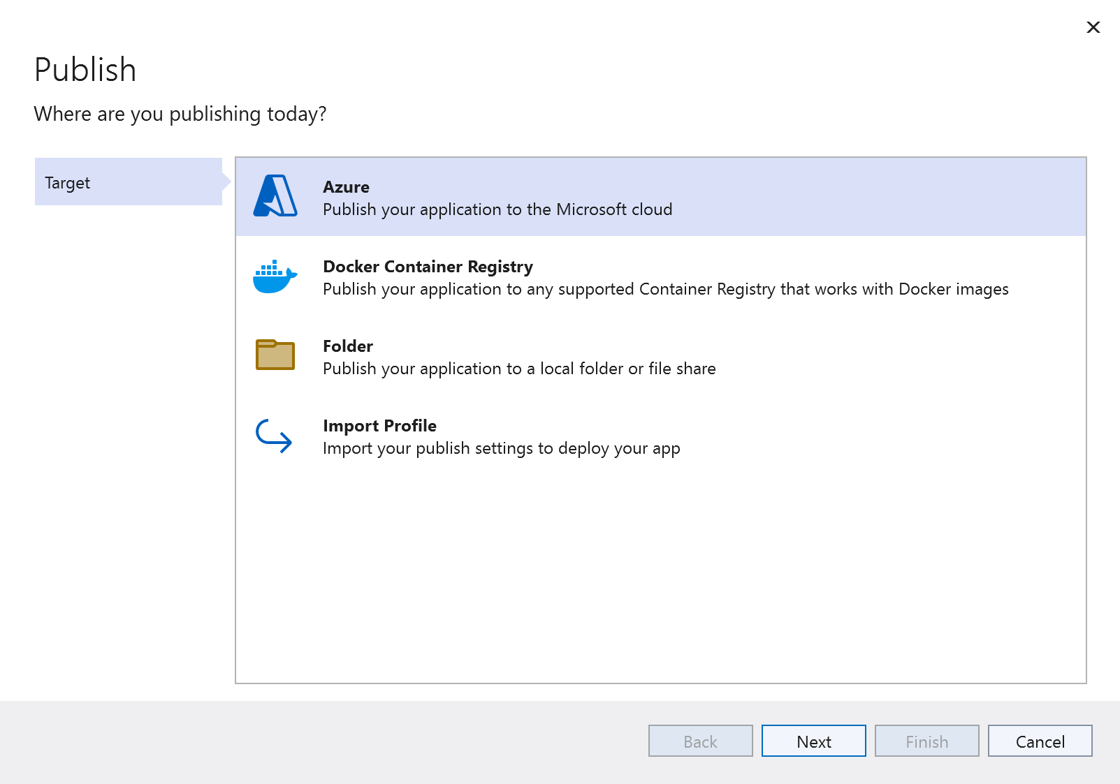 Screenshot of the Publish target window with the Azure option highlighted.