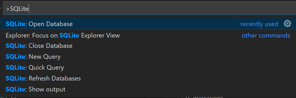 Screenshot that shows the SQLite command palette.