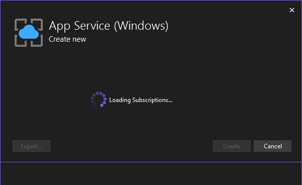 A screenshot of loading subscription info in the Create app service workflow.