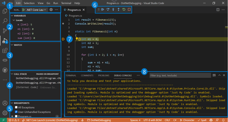 Screenshot of Visual Studio Code debugger overview.