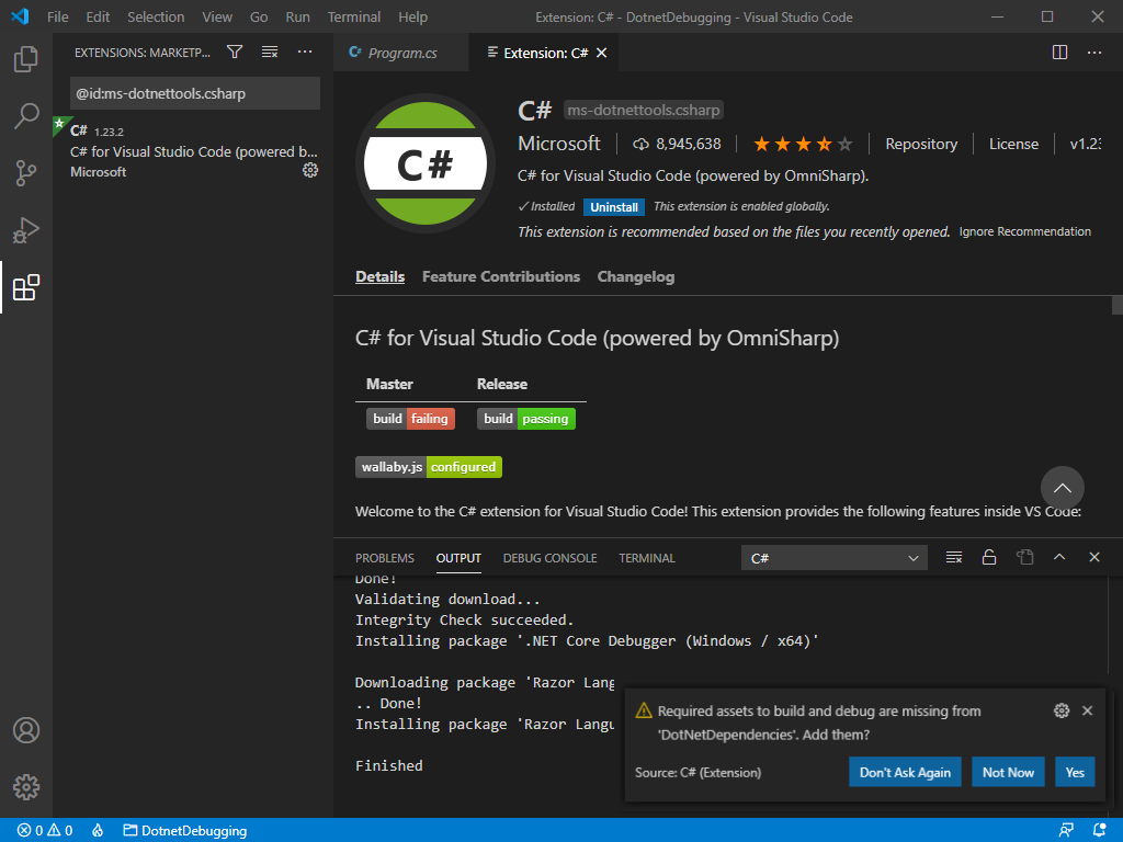 Screenshot of the Visual Studio Code prompt for required assets.