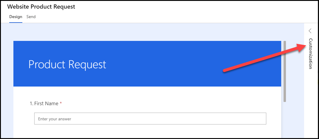 In design view of the Website Product Request survey, an arrow points to the customization menu to the right.