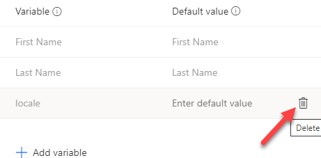 In the list of variables, the locale variable is selected and an arrow points to the Delete button.