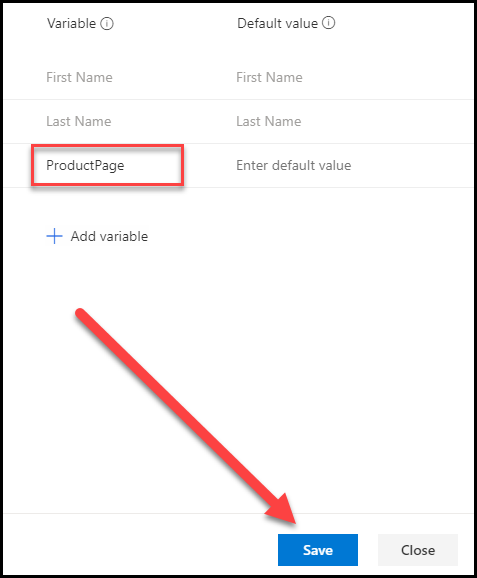 With the new variable name set to ProductPage, an arrow points to the Save button.