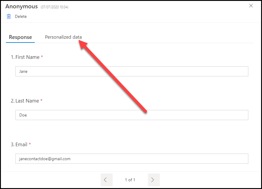 On the Response tab of the Anonymous respondent dialog, an arrow points to the Personalized data tab.