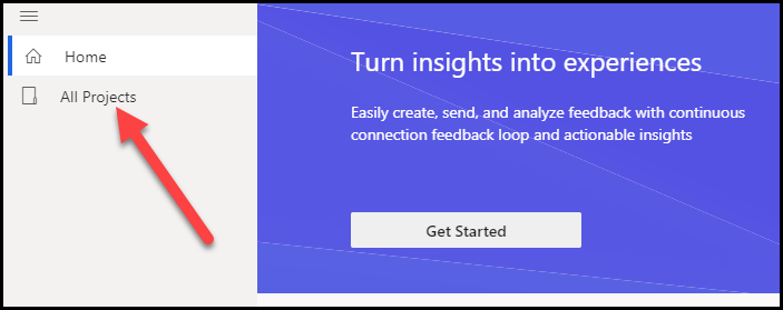 From the Home tab, an arrow points to the navigation menu All Projects tab.