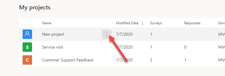 In the My projects list, New project is selected, and an arrow points to the ellipsis button next to it.