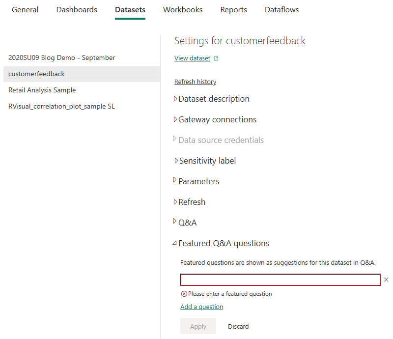 Screenshot of the Datasets option for adding 'Featured Q&A questions'.