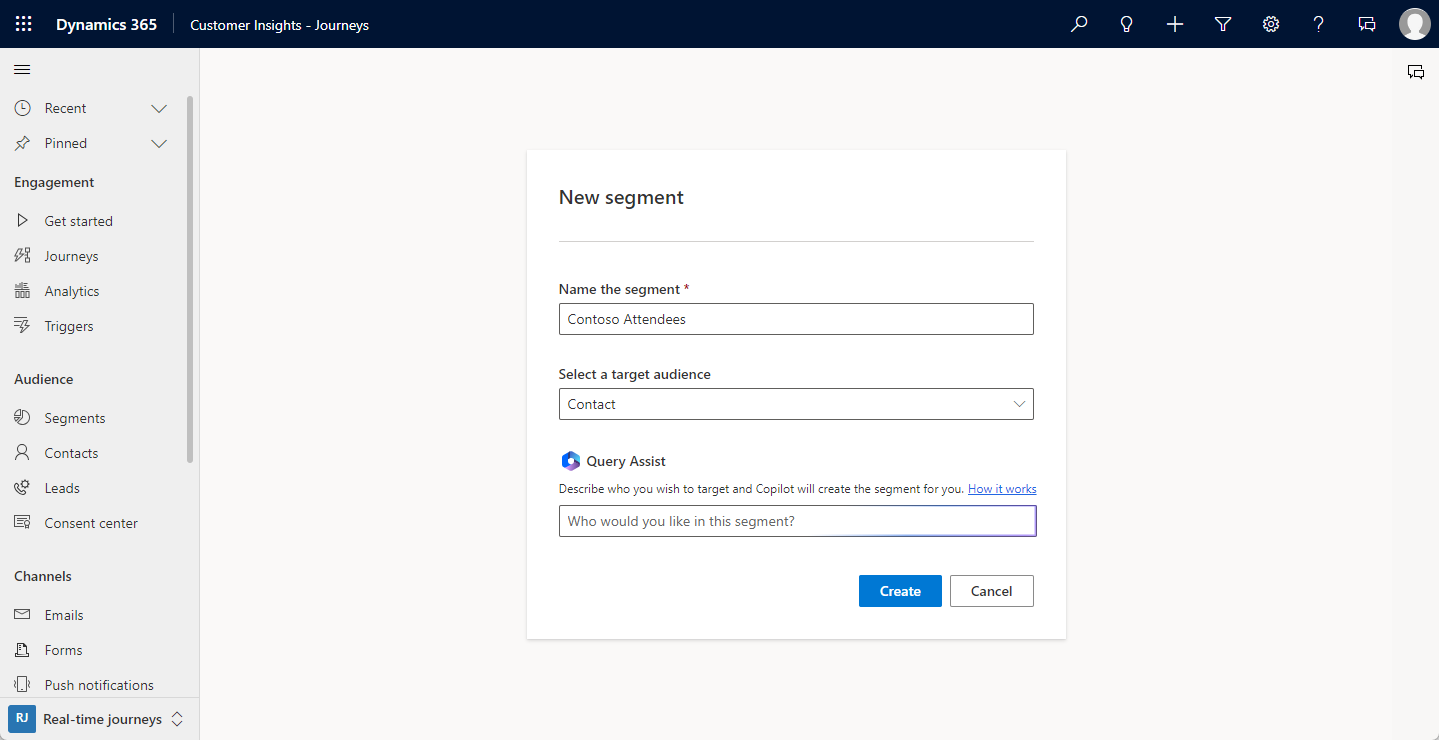 Screenshot of creating a marketing segment using Copilot Query Assist.