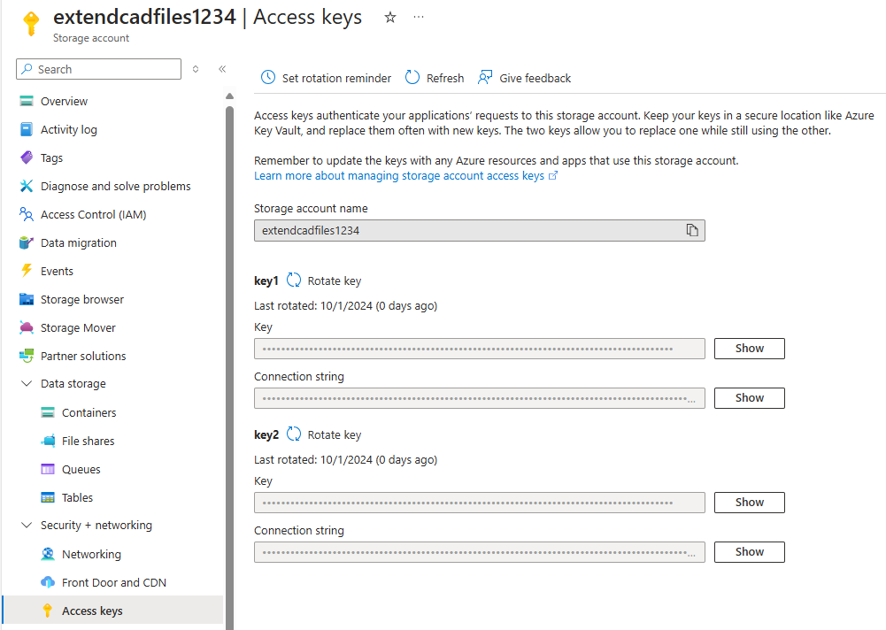 Screenshot of the Access keys option under Security + networking.