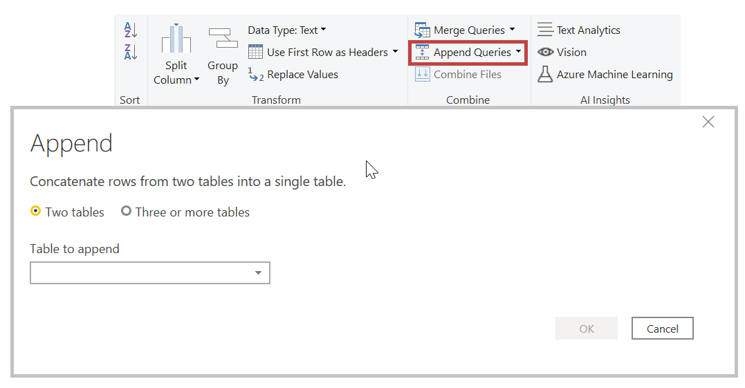 Screenshot of the Append Queries button and dialog.