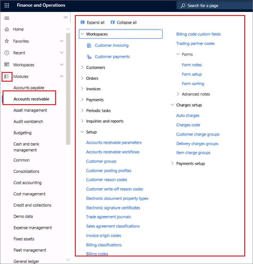 Screenshot of the navigation pane, with the Accounts receivable module selected.