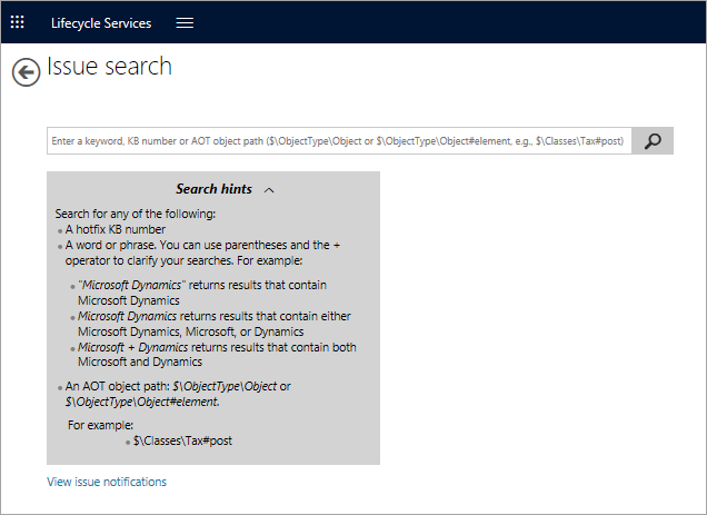 Screenshot of the Lifecycle Services Issue search page.