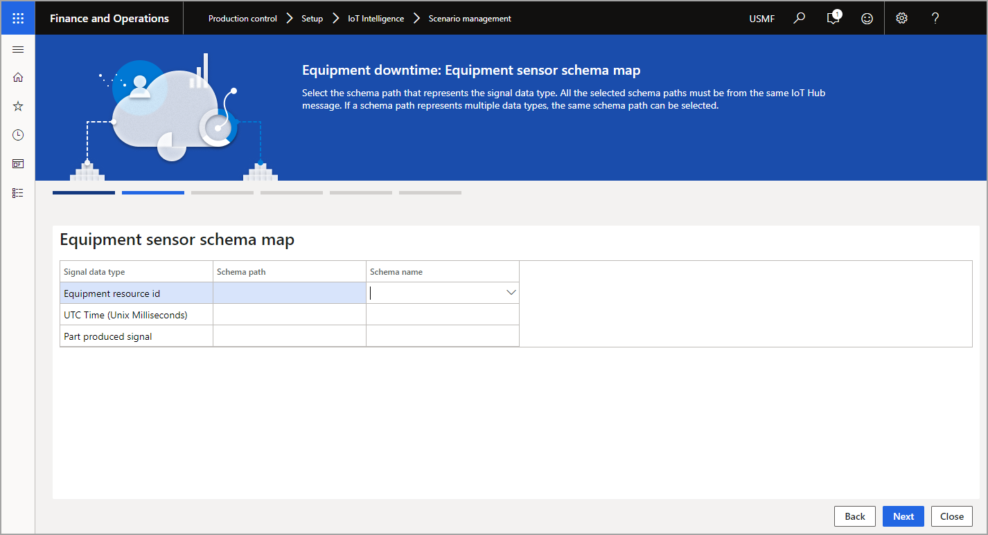 Screenshot of the Equipment sensor schema map page.