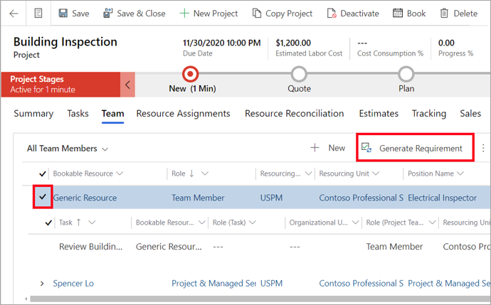 Screenshot of the team member tab highlighting the Generate Requirement button.