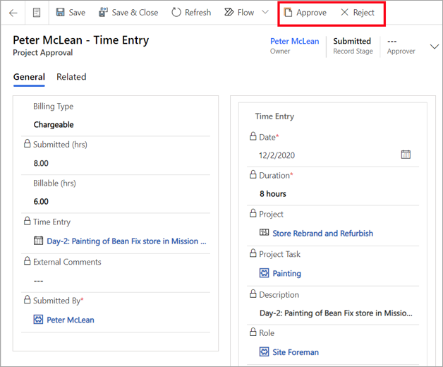Screenshot of an example time entry highlighting the approve and reject options.