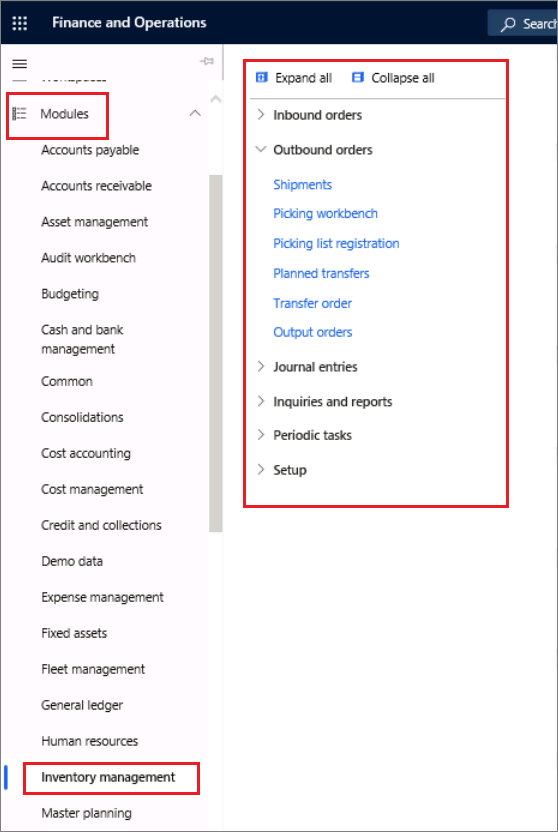 Screenshot of the navigation pane, with the Inventory management module selected.