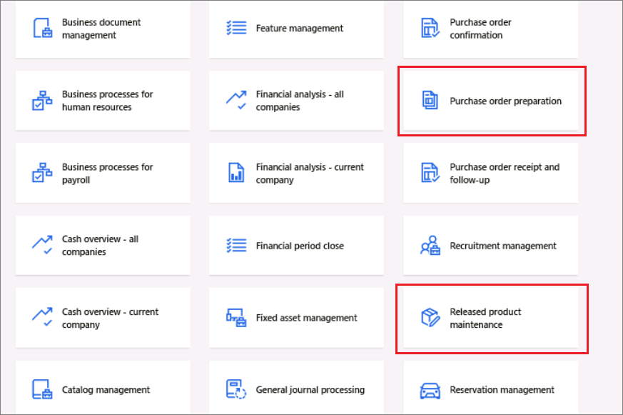 Screenshot of the Home page with the Purchase order preparation and Released product maintenance tile s highlighted.