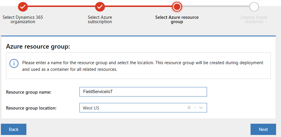 Screenshot of FieldServiceIoT as Resource Group Name, selection of Group Location, and Next button.