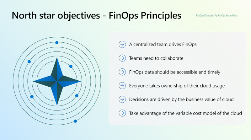 Diagram illustrating the north star objectives for Finops principles.