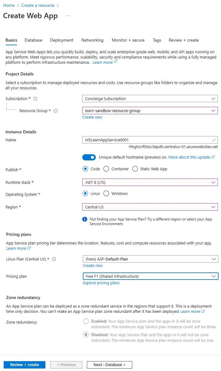 Screenshot showing web app creation details.