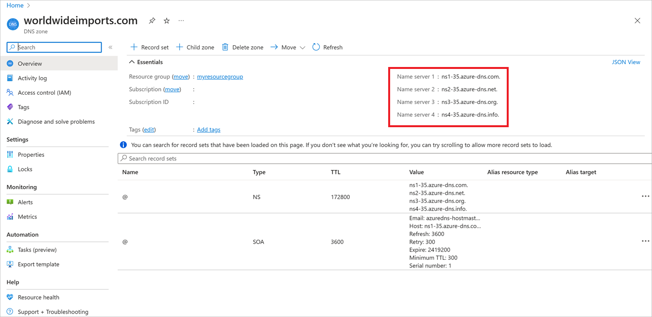 Screenshot of the name server details on the DNS zone page.