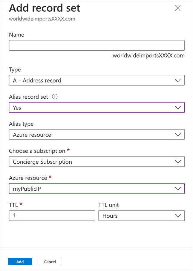 Screenshot of Add record set.