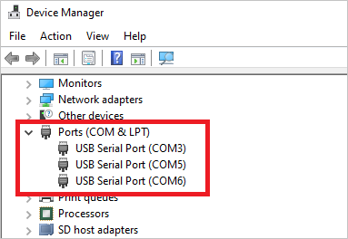 This illustration shows com ports in Device Manager.