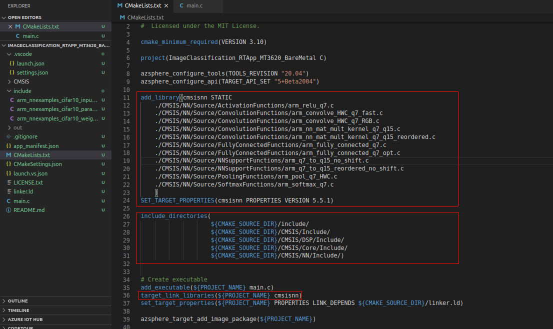 The illustration shows CMakeList after adding libraries and directories.