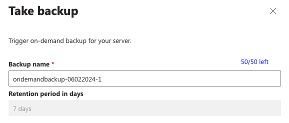 Screenshot of the Take Backup dialog box prompting for a backup name and retention period.