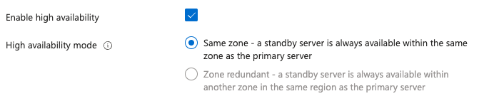 Screenshot of the selection to enable same zone high availability after server creation.