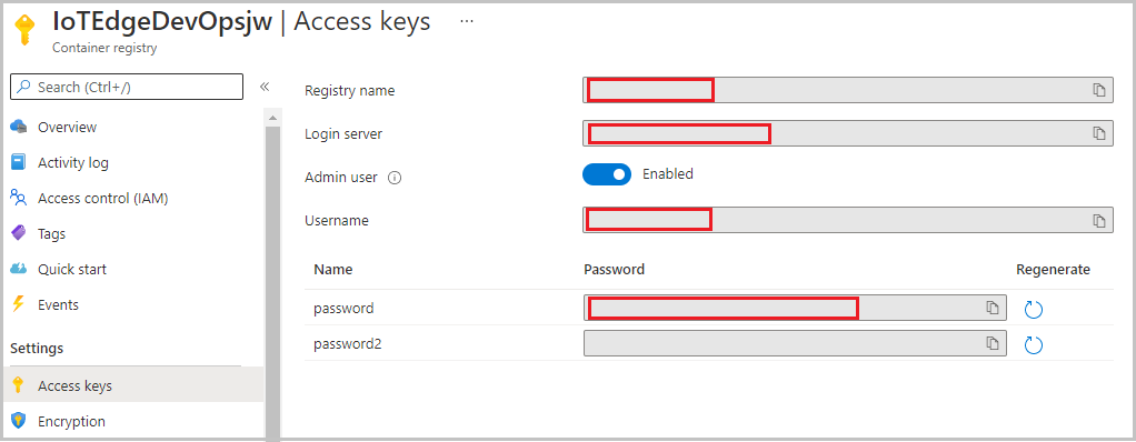 The illustration shows the access keys of Container Registry.