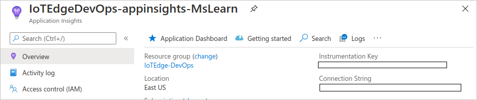 The illustration shows the instrumentation key of Application Insights.