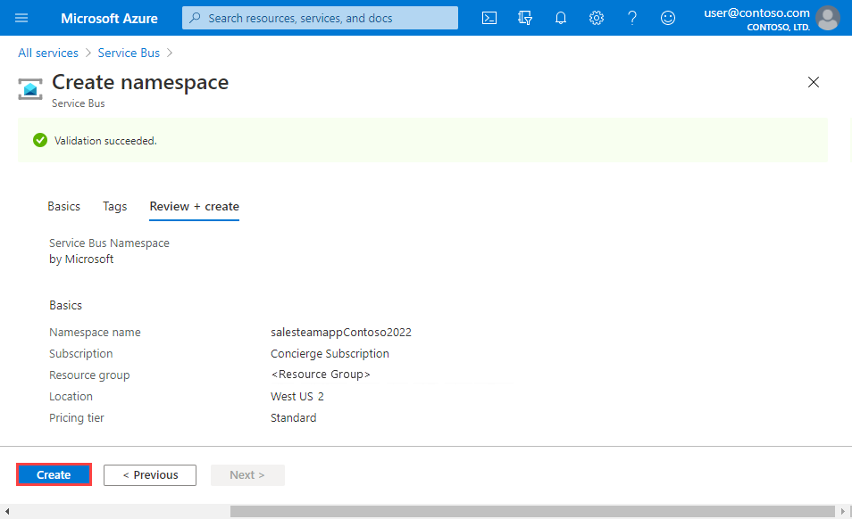 Screenshot of the Create namespace pane, showing validation succeeded and Create button highlighted.