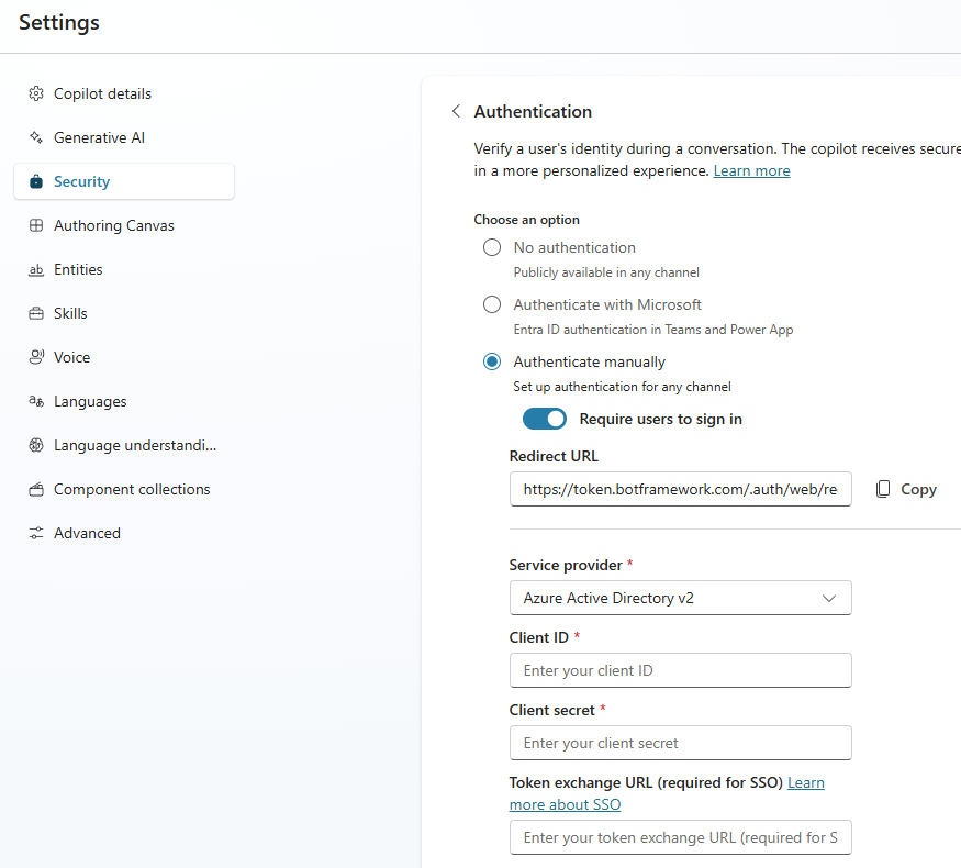 Screenshot of the Authentication dialog with Manual selected and Service provider filled in.