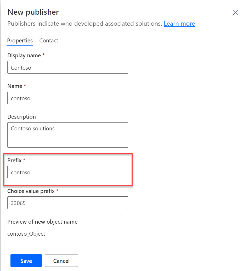 Screenshot of the creation of a new publisher for Contoso.