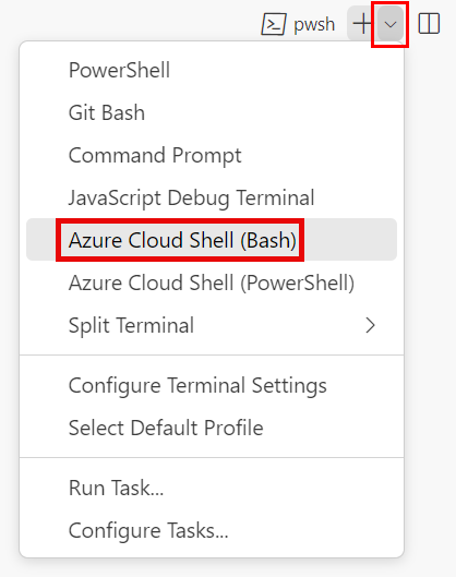 Screenshot of the Visual Studio Code terminal window. The terminal shell dropdown list and the Azure Cloud Shell (Bash) menu item are shown.