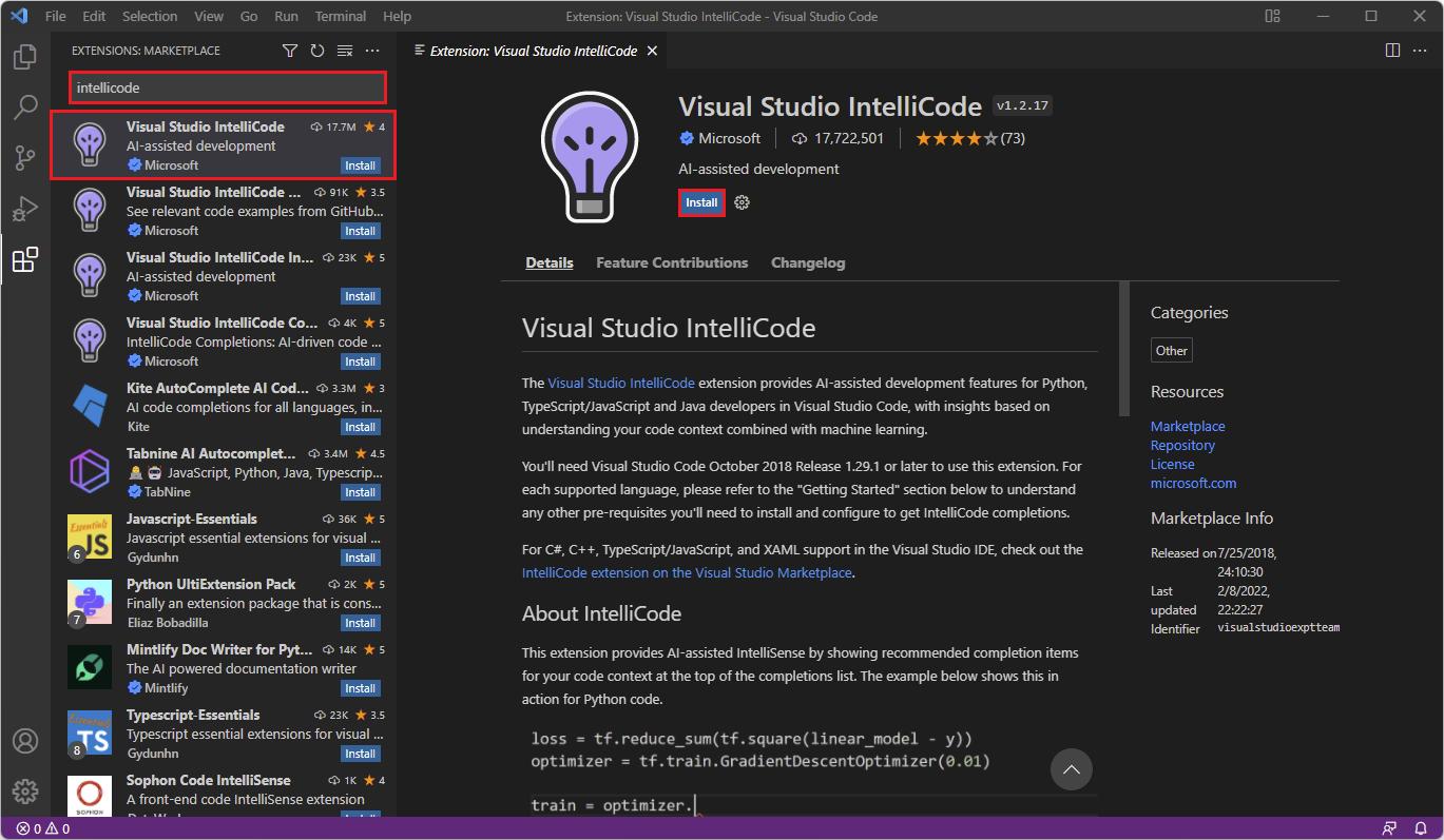 Screenshot of installing the Intellicode extension in Visual Studio Code.