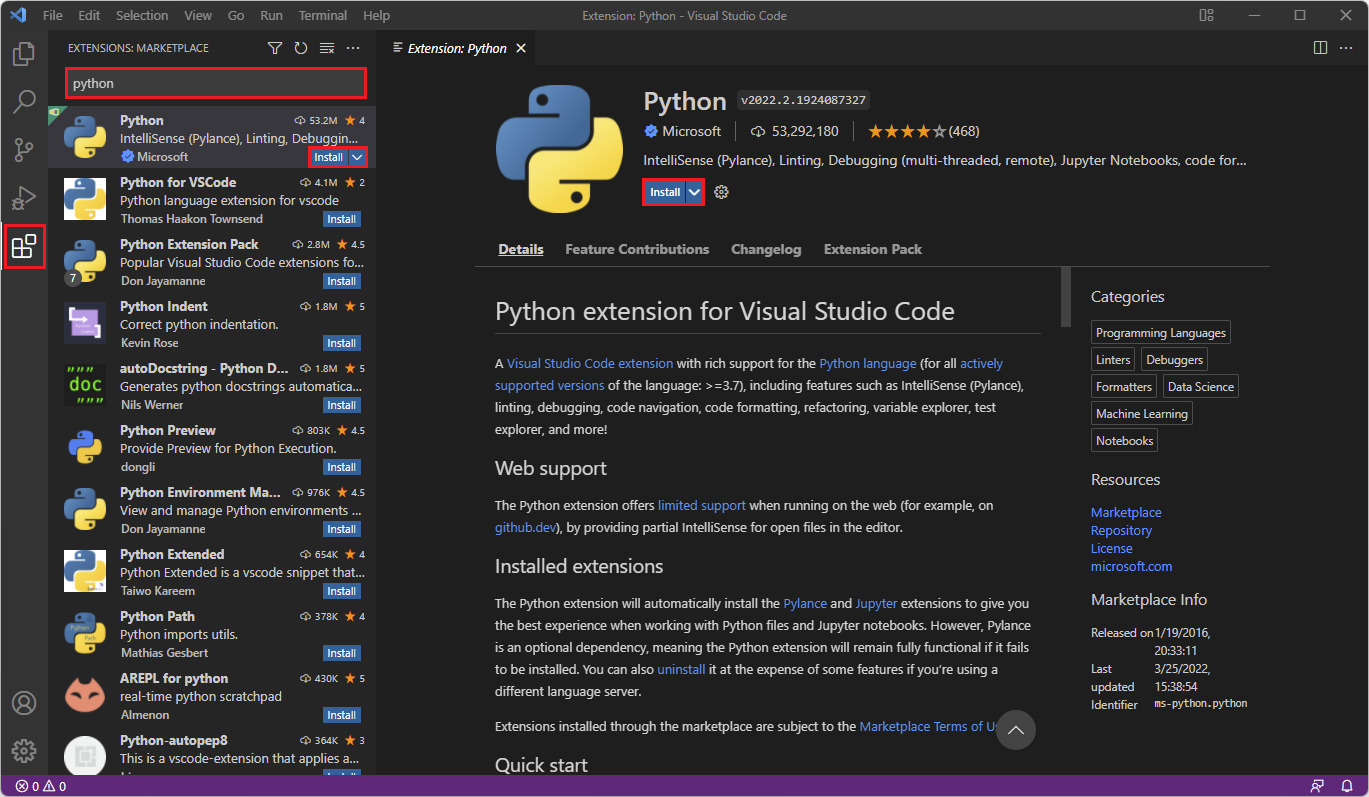 Screenshot showing the Python extension for Visual Studio Code.