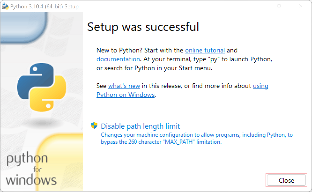 Screenshot of the setup was successful screen on completion of the Python installation process.