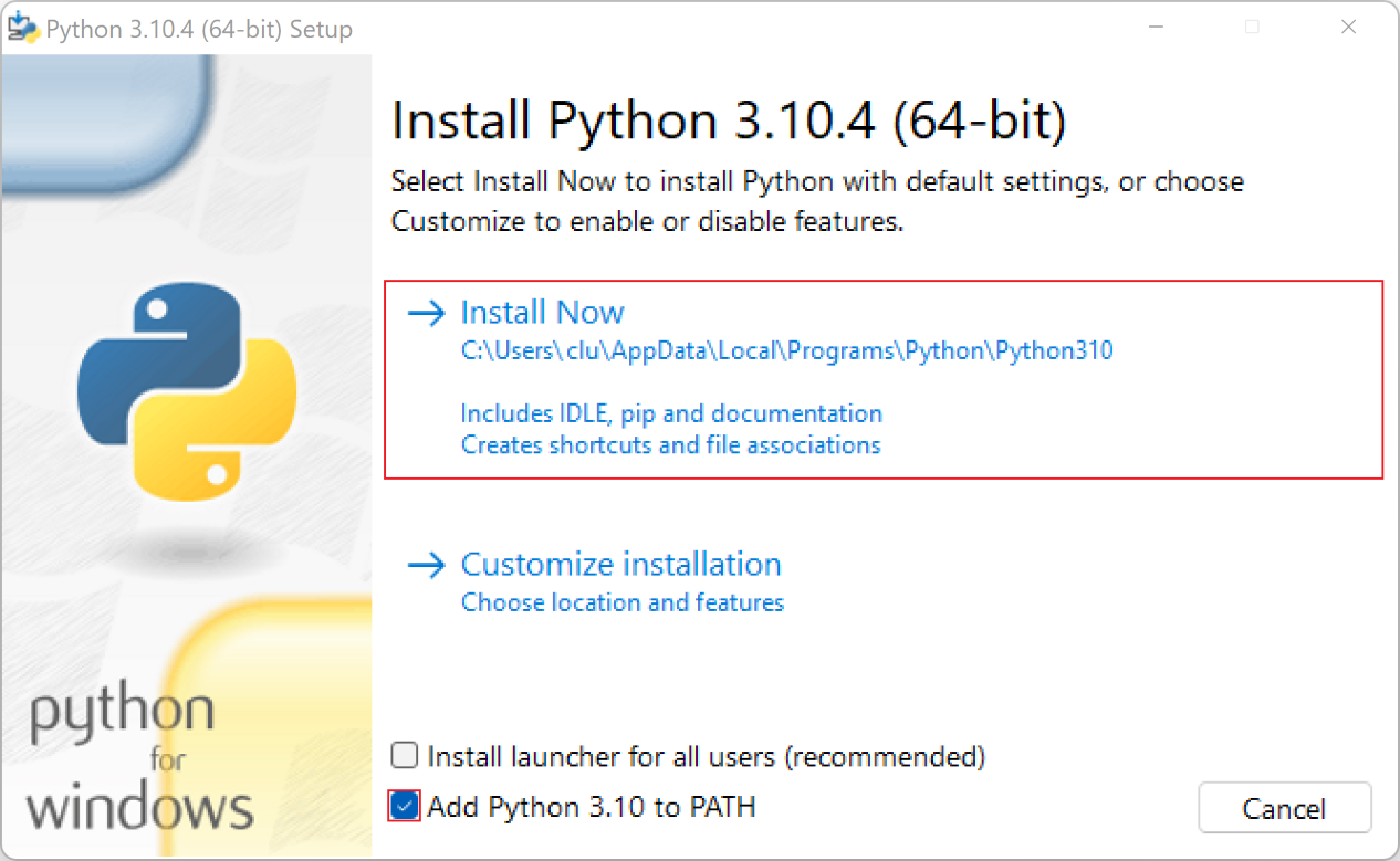 Screenshot of installation preferences dialogue box in the Python installation process.