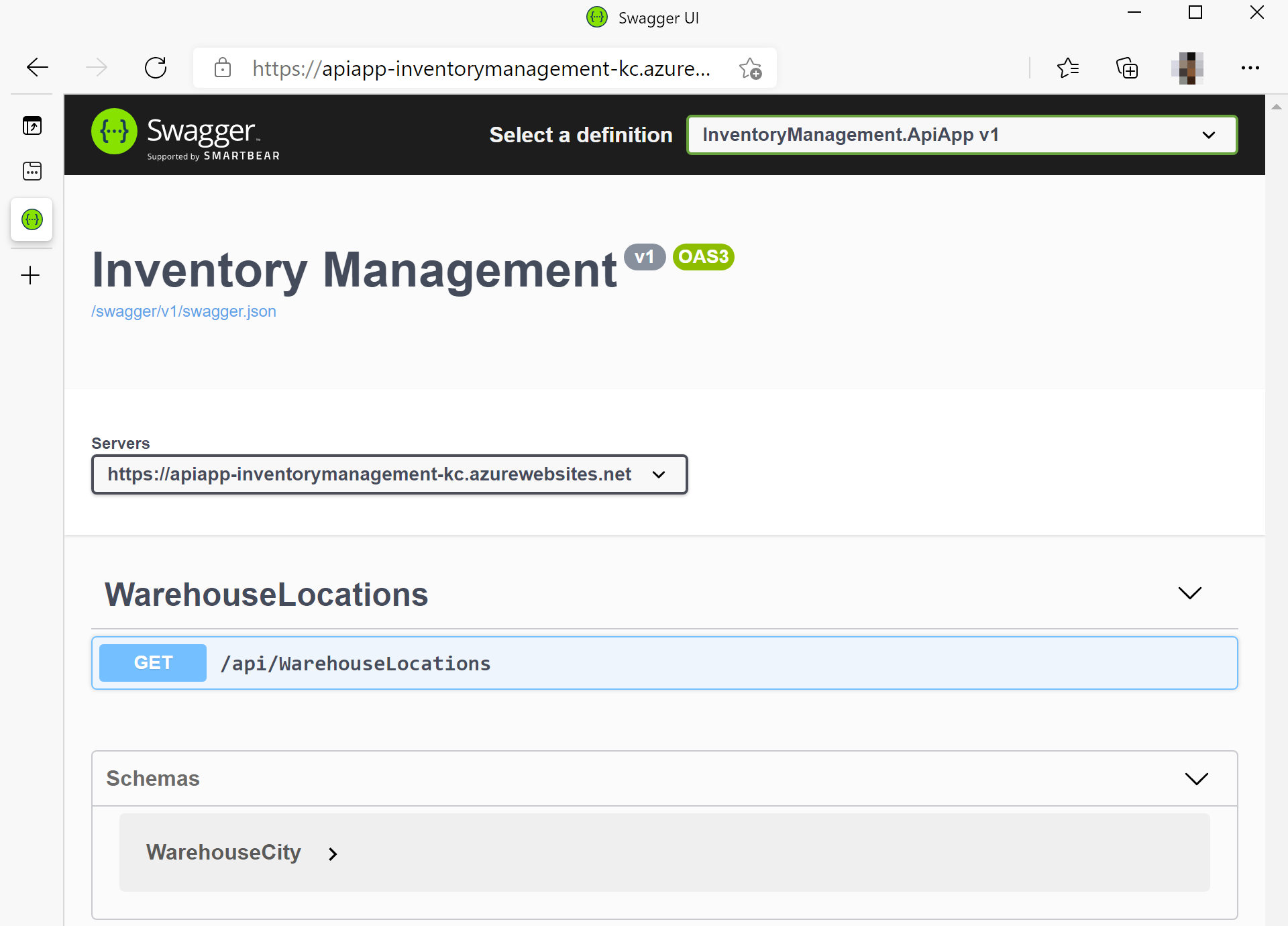 Screenshot of the Swagger user interface with Inventory Management.