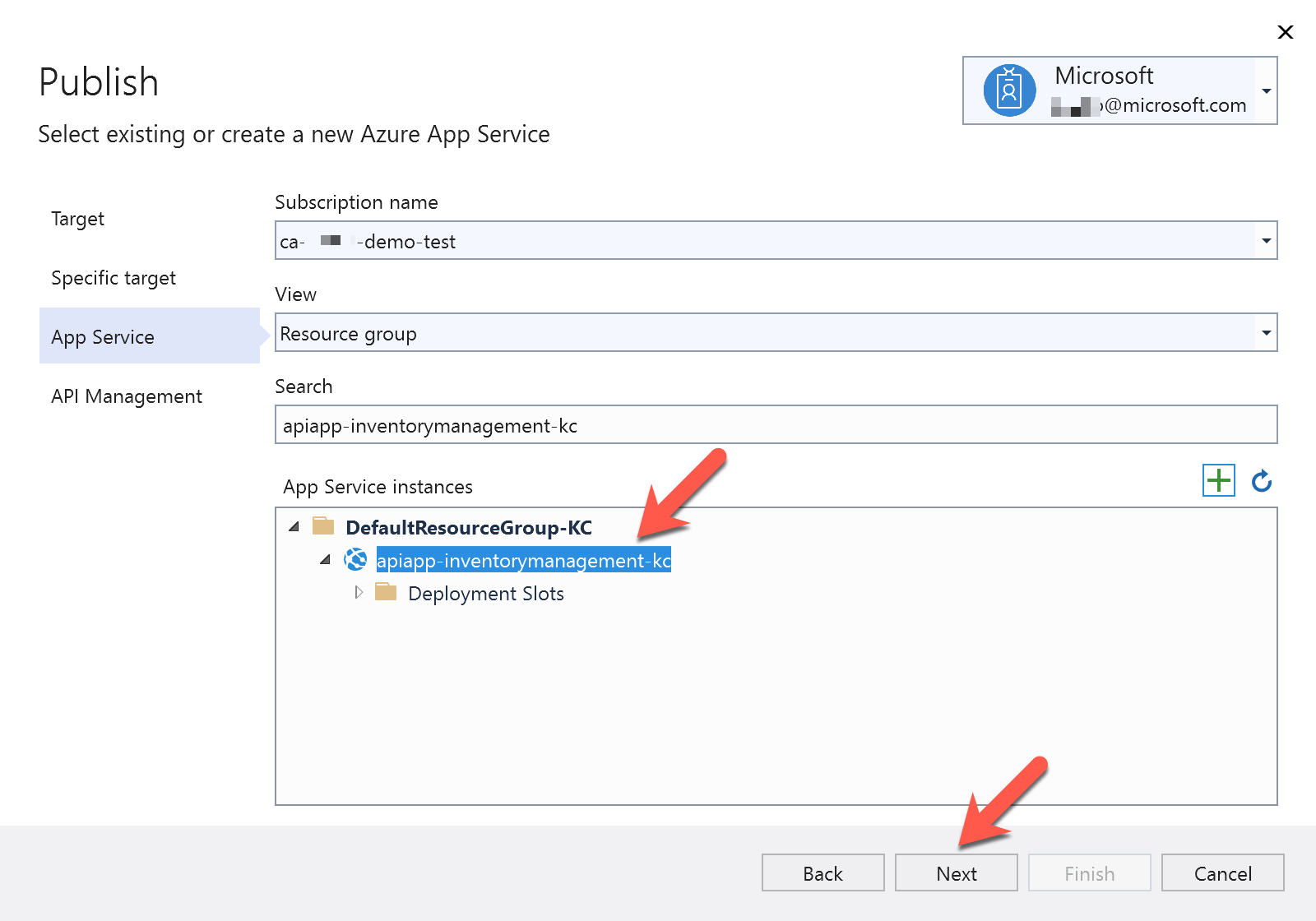 Screenshot of Publish to Azure App Service in Visual Studio.