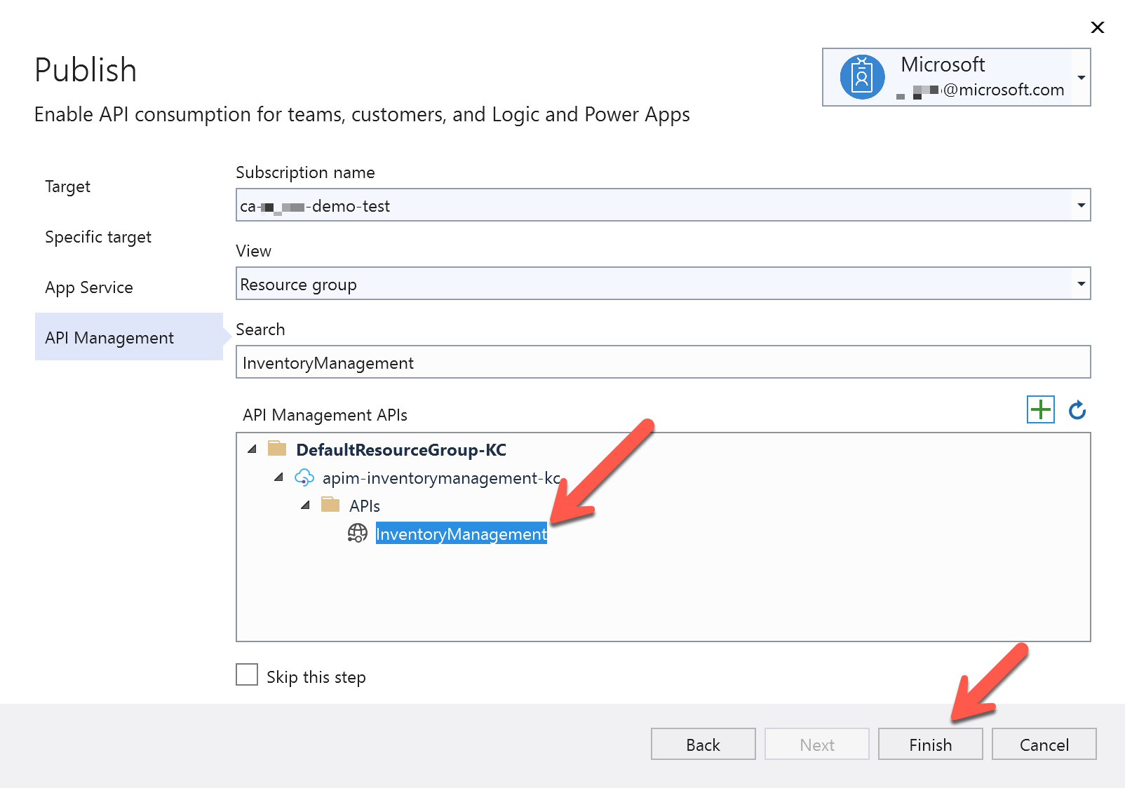 Screenshot of integrate using Azure API Management in Visual Studio.